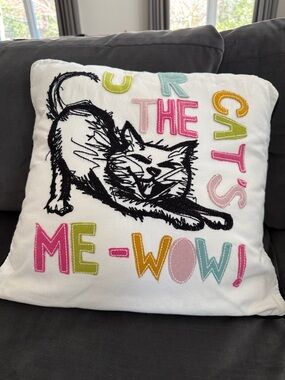 Decorative Cat-Themed Throw Pillow in White with Multicolor Accents
